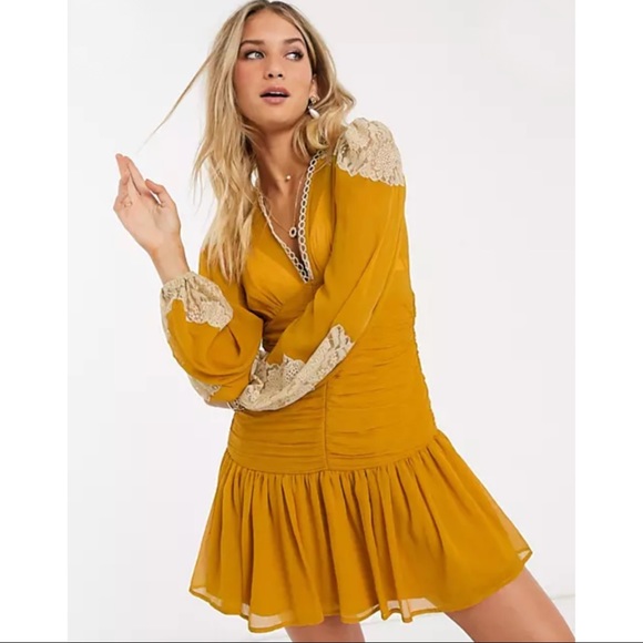 ASOS Mustard Yellow Saffron Chiffon Boho Lace Crochet Ruched Mini Dress - Picture 3 of 13